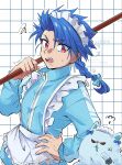  1boy animal animal_ears apron artist_name blue_bow blue_eyes blue_fur blue_hair blue_jacket bow braid broom checkered_background child cu_chulainn_(fate) dog dog_ears earrings fang fate/grand_order fate_(series) frills hair_between_eyes hair_bow hand_on_own_hip hand_up highres holding holding_broom jacket jewelry long_hair long_sleeves looking_at_animal looking_down low-braided_long_hair low-tied_long_hair maid_headdress male_focus nedameman open_mouth red_eyes samoyed_(dog) setanta's_puppy_(fate) setanta_(fate) single_braid squiggle sweatdrop teeth tongue track_jacket waist_apron watermark white_apron white_background zipper 
