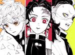  3boys agatsuma_zenitsu bright_pupils close-up closed_mouth color-coded column_lineup commentary_request demon_slayer_uniform earrings green_eyes greyscale_with_colored_background highres jewelry kamado_tanjirou kimetsu_no_yaiba kishimen_hair long_hair looking_at_viewer male_focus mohawk multiple_boys nakogara_kmt open_mouth orange_eyes red_eyes scar scar_on_face scar_on_forehead scar_on_nose shinazugawa_genya short_hair simple_background spot_color straight-on teeth triangle_print 