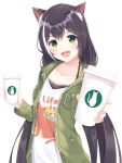  1girl :d animal_ear_fluff animal_ears black_hair blush cat_ears cat_girl clothes_writing collarbone cup disposable_coffee_cup disposable_cup eyelashes fang foreshortening green_eyes green_jacket hair_between_eyes highres holding holding_cup jacket karyl_(princess_connect!) long_hair long_sleeves looking_at_viewer multicolored_hair open_clothes open_jacket open_mouth princess_connect! shirt simple_background skin_fang smile solo streaked_hair third-party_source twintails two-tone_hair upper_body very_long_hair white_background white_hair white_shirt zeatto 