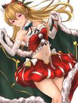  bell breasts cape capelet christmas cleavage dutch_angle elbow_gloves fur-trimmed_cape fur_trim gloves granblue_fantasy highres long_hair looking_at_viewer medium_breasts navel red_eyes solo tark1122 thighs vira_lilie white_background 
