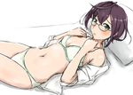  ahoge bed blush bra breasts cleavage cowboy_shot dosaken dress_shirt glasses green_eyes hair_between_eyes hands_on_own_chest hips kantai_collection looking_at_viewer navel okinami_(kantai_collection) open_clothes panties pillow purple_hair shirt short_hair small_breasts solo thighs underwear wavy_mouth 