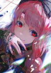  1girl black_choker bow chain choker closed_mouth commentary_request fingernails hair_bow highres idolmaster idolmaster_million_live! idolmaster_million_live!_theater_days light_smile long_hair looking_to_the_side miyao_miya nail_polish official_alternate_hair_color pink_hair portrait red_eyes red_nails sideways_glance solo takanome_kiriri thick_eyebrows 