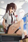  1girl :d ;d absurdres alternate_costume black_nails black_necktie black_skirt blush boo_tao_(genshin_impact) brown_eyes brown_hair classroom collared_shirt day desk drawn_whiskers dress_shirt fangs flower-shaped_pupils foot_out_of_frame genshin_impact hair_between_eyes hand_up highres holding holding_marker hyuji_0w0 indoors knee_up korean_text laughing long_hair marker miniskirt nail_polish necktie on_desk one_eye_closed open_mouth panties pleated_skirt red_scrunchie sandals school_desk school_uniform scrunchie shirt short_sleeves sidelighting sidelocks sitting skirt smile socks solo straight_hair symbol-shaped_pupils teeth thighs translation_request twintails twitter_username underwear upper_teeth_only very_long_hair white_panties white_shirt white_socks window wrist_scrunchie 
