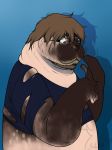  anthro beard belly binturongboy blue_background brown_hair clothed clothing double_chin eyewear facial_hair glasses hair human male mammal marine open_mouth overweight overweight_male pinniped seal simple_background solo torn_clothing transformation weight_gain 