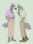  2026 anthro beige_shirt belt black_nose bottomwear canid canine canis checkered checkered_clothing checkered_footwear checkered_socks chest_tuft clothing dialogue eyebrows fluffy fluffy_tail footwear fred_(p_rindustries) fur green_background grey_body grey_fur hi_res legwear looking_at_viewer male male_anthro mammal mature_anthro mature_male p_rindustries pants pattern_clothing pattern_footwear pattern_legwear pattern_socks purple_clothing purple_shirt purple_topwear raised_eyebrow shirt simple_background socks solo tail topwear tuft wolf 