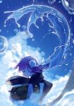  1girl absurdres backlighting black_hat blue_sky blurry bun_cover closed_mouth cloud cloudy_sky commentary creature crying cumulonimbus_cloud day depth_of_field double_bun floating_hair from_side hair_bun hat heaven_burns_red highres holding holding_creature hydroxy_122 jacket kunimi_tama liquid_hair long_hair long_sleeves military_hat missing_headwear narby_(heaven_burns_red) o_o outdoors peaked_cap pink_hair see-through_body shirt signature sky slime_(creature) smile solo spoilers streaming_tears tears twitter_username upper_body very_long_hair water water_drop white_shirt wide_sleeves 