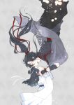  2boys absurdres aged_down asacobeat black_hair black_hanfu chinese_clothes chinese_text closed_eyes closed_mouth commentary_request floating floating_clothes floating_hair from_side grandmaster_of_demonic_cultivation hair_ribbon hands_on_another's_cheeks hands_on_another's_face hanfu headband highres holding_another's_wrist implied_yaoi kiss kissing_forehead lan_wangji light_particles long_hair long_sleeves looking_at_another male_focus multiple_boys ponytail profile red_ribbon red_sash ribbon robe sash sidelocks standing time_paradox topknot vambraces wei_wuxian white_hanfu white_headband wide_sleeves 