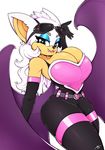  2017 absurd_res anthro armwear bat big_breasts black_nose blue_eyes breasts cleavage clothed clothing eyelashes eyeshadow eyewear fangs female hair hi_res long_hair looking_at_viewer makeup mammal rouge_the_bat secretly_saucy simple_background solo sonic_(series) tight_clothing white_background white_hair wings 