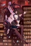  2girls ahoge black_hair black_sailor_collar black_skirt black_socks blurry blurry_background broken_glass building city commentary danganronpa_(series) danganronpa_another_episode:_ultra_despair_girls english_commentary fukawa_toko genocider_sho glass glasses hair_between_eyes highres holding holding_megaphone holding_scissors holding_weapon kneehighs long_hair long_tongue megaphone midair motion_blur multiple_girls naegi_komaru nite_catcher open_mouth purple_hair purple_shoes purple_skirt purple_thighhighs sailor_collar scissors shirt shoes short_hair short_sleeves skirt smile socks teeth thighhighs tongue tongue_out upper_teeth_only weapon white_shirt white_shoes 