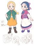  2girls aged_down belt belt_buckle bianca_(dq5) blonde_hair blue_bow blue_bowtie blue_eyes blue_hair boots bow bowtie bracelet braid braided_ponytail brown_boots buckle capelet closed_mouth commentary_request dracky dragon_quest dragon_quest_monsters_4 dragon_quest_v dress earrings flora_(dq5) fluffy_(dragon_quest) forehead full_body green_capelet hair_bow hair_pulled_back highres jewelry long_hair medium_hair multiple_girls multiple_views open_mouth orange_dress pink_bow pink_bowtie pink_capelet purple_sash purple_shoes sash shoes simple_background smile translation_request tsunao527 twitter_username upper_body white_background white_dress 