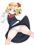  ascot ass_visible_through_thighs bare_legs black_skirt blonde_hair blush body_blush cameltoe closed_mouth doku_corne hair_ribbon highres lifted_by_self long_sleeves looking_at_viewer panties red_eyes red_ribbon ribbon rumia simple_background skirt skirt_lift skirt_set solo standing sweatdrop touhou underwear vest white_background white_panties 