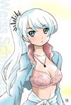  :o blue_eyes blush bow bow_bra bra breasts character_name cleavage jewelry long_hair looking_at_viewer medium_breasts navel necklace no_scar open_clothes pink_bra ponytail rwby self_shot silver_hair solo underwear upper_body weiss_schnee yukion 