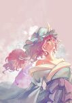  2girls absurdres adapted_costume bare_shoulders blue_hat blue_kimono catissd chinese_commentary closed_eyes commentary_request dual_persona hat highres japanese_clothes kimono long_sleeves making-of_available medium_hair mob_cap multiple_girls obi off_shoulder open_mouth pink_eyes pink_hair purple_kimono purple_sash saigyouji_yuyuko saigyouji_yuyuko_(living) sash smile touhou triangular_headpiece 