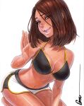  1girl artist_name bikini bikini_top_only black_bikini breasts brown_eyes brown_hair cleavage commentary english_commentary highres kneeling knees_out_of_frame large_breasts light_blush looking_at_viewer medium_hair navel omar_dogan open_hand open_mouth original protected_link scan short_shorts shorts signature simple_background smile solo stomach strap_pull sweat swimsuit thighs traditional_media viveen_motorson_(omar_dogan) white_background white_shorts yellow_trim 