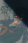  1girl braid commentary_request danganronpa:_trigger_happy_havoc danganronpa_(series) dutch_angle eyelashes fukawa_toko genocider_sho glasses hair_between_eyes highres holding holding_scissors holding_weapon kapibara1419 long_hair long_sleeves long_tongue motion_blur neckerchief red_eyes red_neckerchief round_eyewear scissors smile solo spinning tongue tongue_out twin_braids twintails weapon 