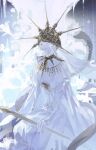  1boy closed_mouth commentary covered_eyes dark_souls_(series) dark_souls_i dark_sun_gwyndolin dress gold_necklace helmet highres holding jewelry kwiaty_k long_hair male_focus necklace sitting snake solo staff trap untranslatable_commentary white_dress white_hair 