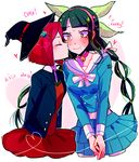  2girls bell black_hair blush chabashira_tenko choker couple danganronpa green_eyes hair_ornament hairband hairpin huyandere kiss long_hair multiple_girls new_danganronpa_v3 red_hair ribbon school_uniform tied_hair twintails yumeno_himiko yuri 