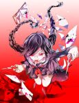  1girl blood blood_splatter book braid collared_shirt danganronpa:_trigger_happy_havoc danganronpa_(series) fingernails floating_hair fukawa_toko genocider_sho glasses gradient_background holding holding_scissors holding_weapon kamari_(kama_ri) long_hair long_sleeves mole mole_under_mouth neckerchief open_book paper pink_blood purple_hair purple_serafuku purple_shirt purple_skirt red_eyes red_neckerchief round_eyewear sailor_collar school_uniform scissors serafuku shirt skirt solo third-party_source tongue tongue_out twin_braids twintails weapon white_sailor_collar 