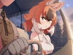  1boy 1girl animal_ears bow bowtie brown_hair captain_(kemono_friends) car commentary_request dhole_(kemono_friends) driving extra_ears forest gloves highres kemono_friends kemono_friends_3 mcgunngu motor_vehicle nature necktie shirt short_hair sleeveless sleeveless_shirt wolf_ears wolf_girl yellow_eyes 
