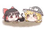  2girls black_cat blonde_hair blush_stickers bow braid brown_hair cat cat_teaser closed_mouth commentary_request frilled_bow frilled_hair_tubes frills grey_hat hair_bow hair_tubes hakurei_reimu hat hat_bow kirisame_marisa long_hair multiple_girls red_bow red_eyes side_braid single_braid smile touhou white_bow witch_hat yellow_eyes yukkuri_shiteitte_ne yukkurizmin 
