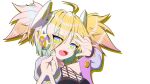  absurdres ahoge bare_shoulders blonde_hair fang franca_(starward) gyaru_v hamsterxsam highres jacket open_mouth smile starward twintails v 