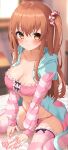  1girl absurdres arms_between_legs black_bow blue_hoodie blurry blurry_background blush bow bow_bra bow_legwear bra breasts brown_hair center_frills cleavage closed_mouth collarbone commentary_request commission embarrassed fingernails frilled_bra frilled_thighhighs frills hair_between_eyes hair_ornament hair_over_shoulder hair_scrunchie hairclip highres himeno_sena hood hoodie indoors jun_(aousa0328) knees_out_of_frame koi_kakeru_shin-ai_kanojo large_breasts long_hair looking_at_viewer navel on_bed open_clothes open_hoodie panties parallel_hairclips pink_bra pink_panties pink_sleeves pink_thighhighs scrunchie second-party_source sidelocks sitting skeb_commission sleeves_past_wrists solo stomach straight_hair striped_clothes striped_sleeves striped_thighhighs tearing_up thighhighs thighs two-tone_hoodie two_side_up underwear very_long_hair wariza wavy_mouth white_scrunchie yellow_eyes 