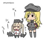  animal animal_on_head bare_shoulders bismarck_(kantai_collection) black_cat blonde_hair capelet cat cat_on_head chibi commentary_request detached_sleeves graf_zeppelin_(kantai_collection) grey_legwear hat kantai_collection long_hair megahiyo military military_hat military_uniform multiple_girls on_head peaked_cap smile twintails twitter_username uniform 