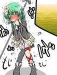  1girl artist_request black_legwear black_shoes black_socks blush eyebrows_visible_through_hair eyes_closed flower full_body green_hair hair_flower hair_ornament hands_together hands_up holding_weapon knees_together_feet_apart long_sleeves magia_record:_mahou_shoujo_madoka_magica_gaiden mahou_shoujo_madoka_magica natsume_kako red_ribbon ribbon shoes short_hair simple_background single_thighhigh socks solo staff standing tears text thighhighs translation_request trembling urine_meter wavy_mouth weapon white_background white_flower 