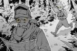  2others alien androgynous arm_up bush chinese_commentary colored_sclera commentary_request commission fewer_digits greyscale hand_on_own_chin hatchling_(outer_wilds) hearthian helmet holding holding_paper monochrome multiple_others mur824 other_focus outdoors outer_wilds pants paper pointy_ears running scarf second-party_source slate_(outer_wilds) spot_color squinting tree yellow_sclera 