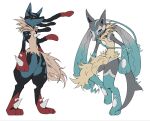  2others black_hair blue_eyes blue_hair body_fur closed_mouth furry grey_hair highres long_hair lucario mega_lucario mega_lucario_z mega_pokemon multiple_others other_focus pokemon pokemon_(creature) red_eyes red_hair simple_background spikes standing tail ttftuv white_background 