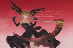  1girl absurdres artist_name back_bow bare_shoulders black_bow black_dress black_gloves black_wings blonde_hair bow breasts cleavage collarbone commentary_request commission dress eiengrayrat elbow_gloves english_text feet_out_of_frame floating_hair gloves gradient_background green_eyes grin head_wings highres holding holding_scythe long_hair looking_to_the_side maka_albarn official_alternate_costume over_shoulder red_background scythe simple_background smile solo soul_eater twintails weapon weapon_over_shoulder white_background wings 