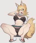  1girl :3 absurdres animal_ear_earrings animal_ear_fluff animal_ears arm_support black_bra black_skirt blonde_hair blush bra breasts clothes_lift commentary commission dot_nose english_commentary eyeliner fang flipped_hair flowerpigeon fox_ears fox_tail full_body green_eyes highres lace lace_bra large_breasts long_hair looking_at_viewer makeup navel open_mouth original ponytail raised_eyebrow red_eyeliner ribs sandals shirt shirt_lift short_sleeves sidelocks simple_background skirt smile solo spread_legs straight_hair tail tsurime underwear white_background white_shirt 