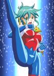  1girl absurdres allenby_beardsley blue_bodysuit blue_hair bodysuit breasts clenched_hand commentary_request d_boy@seishun_bakuhatsu g_gundam green_eyes gundam highres impossible_bodysuit impossible_clothes leg_up mecha_pilot_suit medium_breasts mobile_trace_suit multicolored_bodysuit open_mouth red_bodysuit skin_tight solo 