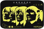  4girls aioi_yuuko aoneco artist_name black_background brand_name_imitation character_request check_character commentary_request computer_world dated glasses hair_ornament head_only kraftwerk limited_palette minakami_mai multiple_girls naganohara_mio nichijou shinonome_nano two_side_up winding_key 