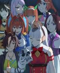  6+girls absurdres ahoge animal_ears ascot black_hair blue_eyes blue_jacket bow broken_skull brown_eyes brown_hair candy carrot clenched_teeth closed_eyes commentary daiwa_scarlet_(peak_blue)_(umamusume) daiwa_scarlet_(umamusume) dress ear_bow ear_ornament english_commentary epaulettes food food_in_mouth gold_ship_(red_strife)_(umamusume) gold_ship_(umamusume) green_eyes grey_hair grin hair_intakes hair_over_one_eye hairband highres holding holding_carrot holding_skull horse_ears horse_girl jacket joemahito kitasan_black_(gilded_shrine_to_glory)_(umamusume) kitasan_black_(umamusume) lollipop lollipop_in_mouth long_hair looking_at_viewer mejiro_mcqueen_(frontline_elegance)_(umamusume) mejiro_mcqueen_(umamusume) meme multicolored_hair multiple_girls orange_hair pink_ascot purple_bow purple_eyes red_dress red_eyes serious short_hair silence_suzuka_(innocent_silence)_(umamusume) silence_suzuka_(umamusume) single_epaulette skull sleeveless sleeveless_dress smile smug special_week_(special_dreamer)_(umamusume) special_week_(umamusume) streaked_hair team_spica's_trainer teeth tiara tokai_teio_(peak_joy)_(umamusume) tokai_teio_(umamusume) trainer_(umamusume) twintails umamusume viltrumite_group_shot_(meme) vodka_(umamusume) vodka_(wild_top_gear)_(umamusume) white_hair white_hairband white_streaks 