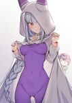  2girls animal_ear_hood ass_visible_through_thighs bodysuit braid cloak commentary_request covered_navel covered_nipples elf emilia_(re:zero) highres hood hooded_cloak long_hair looking_at_viewer multiple_girls official_alternate_costume pointy_ears purple_bodysuit purple_eyes ram_(re:zero) re:zero_kara_hajimeru_isekai_seikatsu smile solo solo_focus very_long_braid white_hair yellowpaint. 