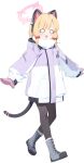  1girl :3 a-pose animal_ear_headphones animal_ears black_pantyhose blank_eyes blonde_hair blue_archive blush boots bow cat_ear_headphones cat_ears cat_tail coat fake_animal_ears fake_tail full_body fur_boots game_asset gloves grey_boots hair_bow halo headphones heel_up highres hiyo_kiki hood hood_down hooded_coat lace-up_boots large_variant_set long_sleeves mittens momoi_(blue_archive) momoi_(winter)_(blue_archive) nervous nervous_smile o_o official_art open_mouth pantyhose pink_gloves pink_halo pocket purple_coat red_bow scarf short_hair sidelocks simple_background smile solo standing sweat tachi-e tail third-party_source toes_up transparent_background v-shaped_eyebrows variant_set walking white_eyes white_scarf winter_clothes winter_coat zipper zipper_pull_tab 