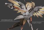  absurdres aiming blonde_hair blue_eyes bodysuit breasts brown_legwear character_name copyright_name dual_wielding faulds finger_on_trigger full_body glowing glowing_wings greaves grey_background gun hair_tie handgun high_ponytail highres holding holding_gun holding_staff holding_weapon looking_to_the_side mechanical_halo mechanical_wings medium_breasts mercy_(overwatch) outstretched_arm overwatch pantyhose pelvic_curtain pistol simple_background solo spread_wings staff weapon wings yellow_wings zuosi_zhichu 