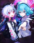  2girls absurdres aquarium_wa_odoranai beret blue_eyes blue_hair blush chinese_commentary commentary_request crossover flower-shaped_hair hair_ornament hand_up hat highres long_sleeves looking_at_viewer magical_girl mahou_shoujo_no_majo_saiban multicolored_hair multiple_girls official_art open_mouth pink_eyes pointing pointing_at_viewer sakuraba_ema second-party_source shards short_hair smile stained_glass sugawara_omu suze_(aquarium_wa_odoranai) x_hair_ornament 