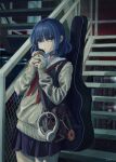  1girl absurdres bag black_choker blue_hair bocchi_the_rock! choker commentary cowboy_shot cross cross_choker cup dai_(maku57979607) disposable_cup earrings green_eyes grey_sweater guitar_case hair_ornament hairclip headphones highres holding holding_cup instrument_case jewelry long_sleeves looking_at_viewer miniskirt mole mole_under_eye neckerchief parallel_hairclips parted_lips pleated_skirt procreate_(medium) red_neckerchief sailor_collar school_bag school_uniform short_hair skirt sleeves_past_wrists solo stairs standing stud_earrings sweater white_sailor_collar yamada_ryo 