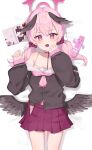  1girl absurdres alternate_hairstyle aura bare_shoulders black_choker black_shirt black_wings blue_archive blush book bra choker collarbone commentary_request content_rating cowboy_shot feathered_wings from_above hair_between_eyes hair_ornament hair_scrunchie halo hands_up haniwa_(statue) head_wings highres hyuji_0w0 koharu_(blue_archive) korean_commentary long_hair low_twintails low_wings lying miniskirt missing_headwear neckerchief on_back open_book open_mouth panties panty_peek pink_eyes pink_hair pink_halo pink_neckerchief pleated_skirt red_scrunchie red_skirt sailor_collar sailor_shirt school_uniform scrunchie serafuku shadow shirt skirt sleeves_past_wrists solo sparkling_eyes tsurime twintails underwear undone_skirt v-shaped_eyebrows white_bra white_panties white_sailor_collar winged_halo wings 