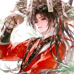  1boy absurdres black_hair chinese_clothes chinese_commentary coin commentary_request gourd hanfu hat highres holding holed_coin jewelry long_hair long_sleeves male_focus momo9678 ofuda original parted_lips ponytail red_eyes ribbon rice_hat scroll solo straw_hat upper_body white_background 