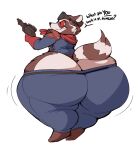  2019 anthro belt big_butt blue_bottomwear blue_clothing blue_jacket blue_pants blue_topwear boot_(artist) bottom_heavy bottomwear brown_body brown_fur butt clothing dialogue english_text eyewear footwear frown fur furry_tail gloves goggles guardians_of_the_galaxy gun handwear holding_gun holding_object holding_ranged_weapon holding_weapon huge_butt huge_hips hyper hyper_butt jacket looking_back male mammal marvel pants procyonid raccoon ranged_weapon red_clothing red_eyes red_gloves red_handwear red_scarf rocket_raccoon scarf scowl shoes shoulder_pads solo tail text thick_thighs topwear wardrobe_malfunction weapon wide_hips wobble 