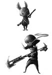  2017 :3 anthro clothed clothing duo glowing glowing_eyes greyscale hat holding_object holding_weapon humanoid lagomorph looking_at_viewer mammal monochrome rabbit scabbard scar simple_background smile sprinkah standing weapon white_background 