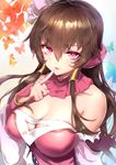  absurdres breasts brown_hair character_request cleavage detached_collar eyebrows_visible_through_hair finger_to_mouth hair_tubes highres large_breasts lips long_hair looking_at_viewer pink_eyes shanyao_jiang_tororo solo song_tingyu spirit_realm upper_body 