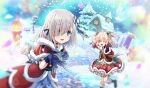  2girls artist_request ayano_rika ayano_rika_(christmas_ver.) bare_shoulders bell belt belt_buckle black_belt black_boots black_choker black_ribbon blonde_hair blue_bow blue_bowtie blue_eyes blue_gem blue_gloves blue_ribbon blue_sky boots bow bowtie buckle candle candy candy_cane capelet chest_jewel choker christmas christmas_ornaments christmas_star christmas_tree clenched_hand collarbone cowboy_shot cross cross-shaped_buckle detached_sleeves eyelashes eyes_visible_through_hair fire flower flower_knot food foot_out_of_frame frilled_capelet frills fur-trimmed_boots fur-trimmed_capelet fur-trimmed_hood fur-trimmed_shirt fur-trimmed_skirt fur-trimmed_sleeves fur_trim game_asset gem gift gloves green_bow green_bowtie grey_hair hair_bell hair_between_eyes hair_bow hair_flower hair_ornament hair_over_one_eye hair_ribbon halter_shirt halterneck happy highres hood hooded_capelet isuzu_ren isuzu_ren_(christmas_ver.) knee_boots knees layered_skirt leg_up long_sleeves magia_record:_mahou_shoujo_madoka_magica_gaiden mahou_shoujo_madoka_magica mahou_shoujo_madoka_magica_magia_exedra medium_hair multiple_girls night official_alternate_costume official_art one_eye_closed outdoors outstretched_arm outstretched_arms outstretched_hand path petticoat pink_eyes pleated_skirt print_ribbon red_bow red_capelet red_shirt red_skirt red_sleeves ribbon shirt skirt sky snow snowflakes snowing sparkle starry_sky_print striped_bow striped_bowtie striped_clothes striped_skirt tareme third-party_source two_side_up vertical-striped_clothes vertical-striped_skirt white_flower white_ribbon wide_sleeves 