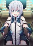  :d blue_eyes blush dual_wielding ernesti_echevalier eyebrows_visible_through_hair hair_between_eyes highres holding knight's_&amp;_magic looking_at_viewer mecha miso_(mimimiso) open_mouth shorts shoulder_cutout silver_hair sitting smile solo 