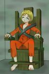  1girl barefoot bdsm blonde_hair bondage breasts cleavage death drooling execution feet gas_chamber open_mouth openshirt outstretched_arms pajamas peeing peril prisoner saliva short_hair spread_arms tears toes 