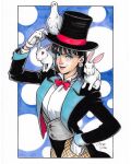  1girl absurdres black_tailcoat dc_comics fishnet_pantyhose fishnets hat highres justice_league magician pantyhose rabbit smile top_hat vest youngno zatanna_zatara 