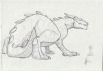  2017 ambiguous_feral ambiguous_gender back_spikes claws closed_smile dated dragon feral hi_res horn hufnaar looking_at_viewer markings monochrome mouth_closed mythological_creature mythological_scalie mythology narrowed_eyes neck_spikes scalie side_view simple_background sketch slower smile solo spiked_tail spikes spikes_(anatomy) striped_legs striped_markings striped_neck striped_tail stripes tail tail_markings teeth toe_claws 